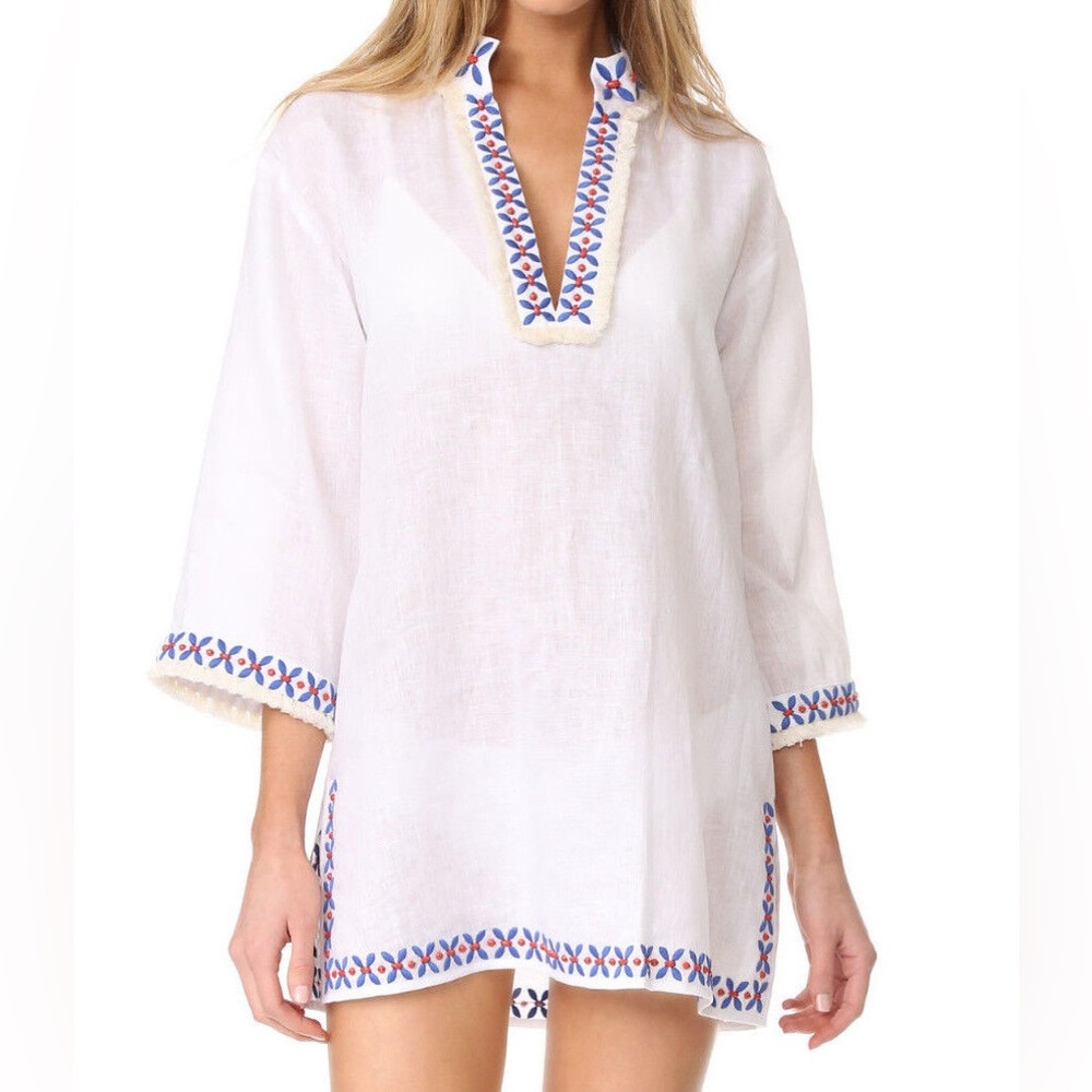 NWT Tory Burch White Embellished Linen Tunic Blouse Fringe Trim Beaded